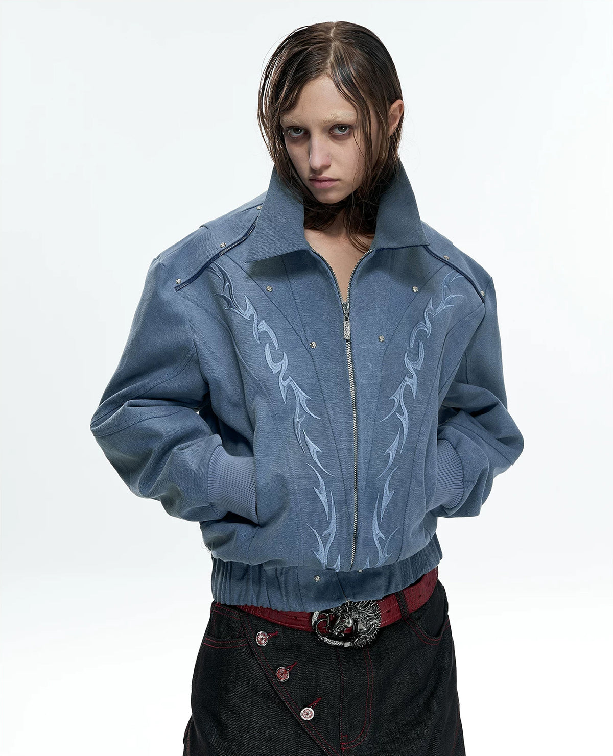 Studded Embroidered Cropped Jacket — Blue - Top — styling view 1