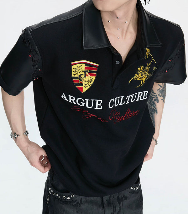 Contrast-Trim Embroidered Polo Shirt — Black - Top — styling view 1