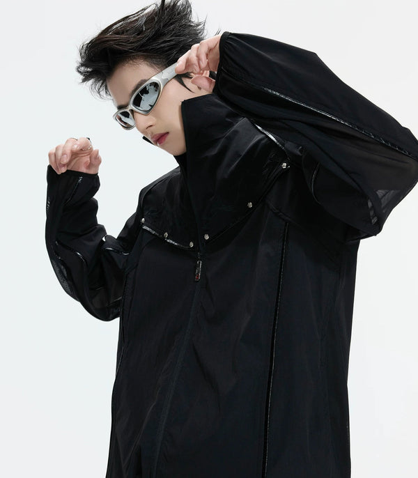 Embroidered Stand-Collar Lightweight Jacket — Black - Top — styling view 1