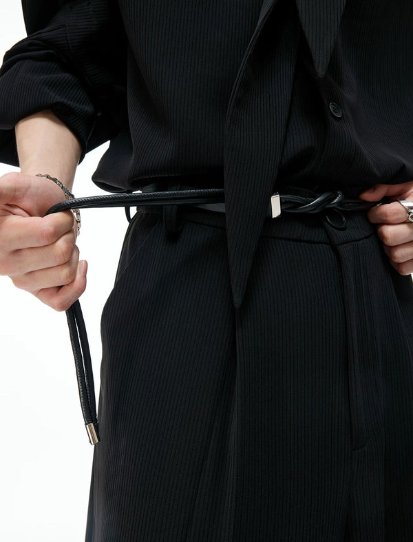Tie-Neck Padded-Shoulder Shirt and Ribbed Pants Set — Black - With Belt — detail view 1
