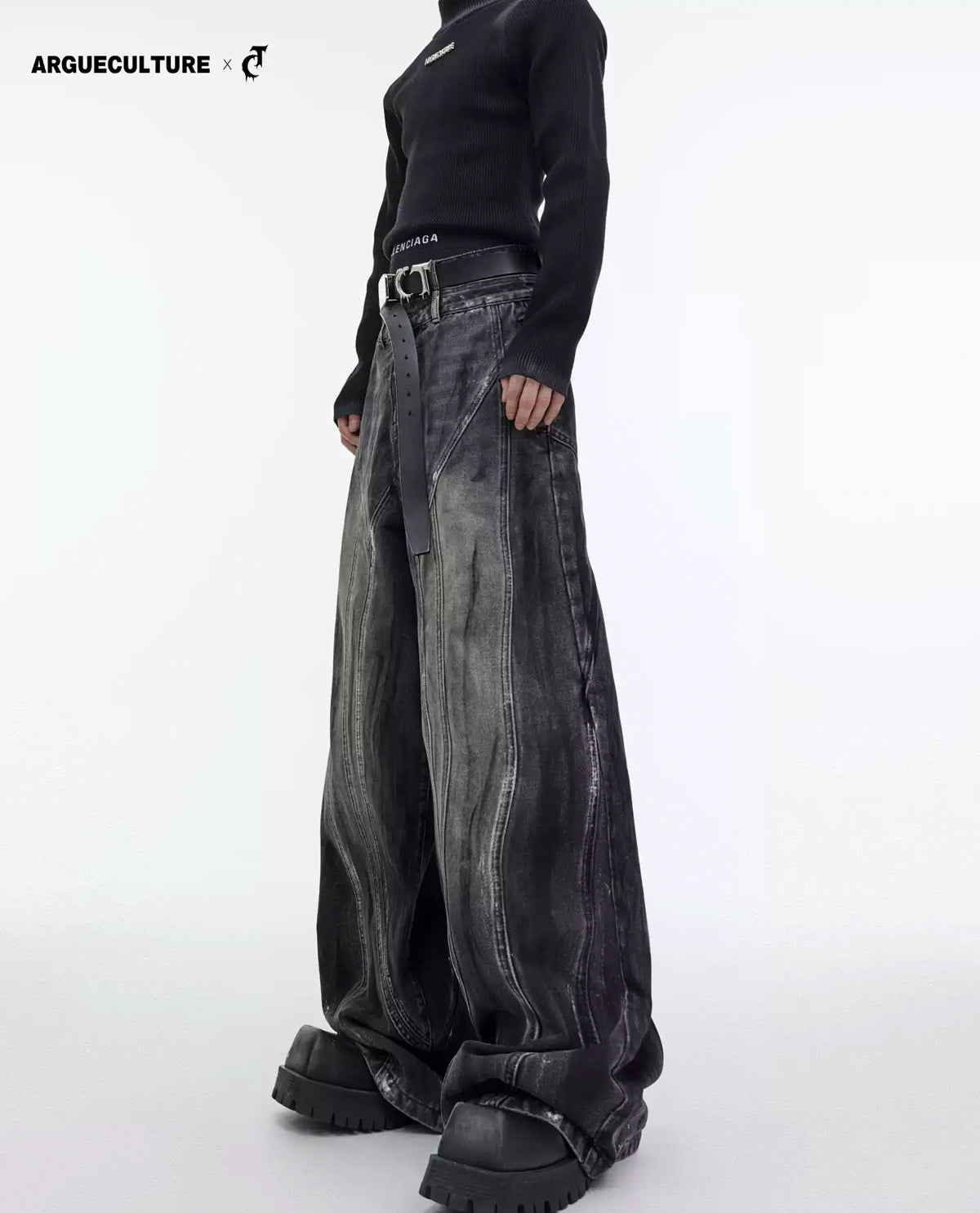 Argue Culture Hand-Drawn Washed Wide-Leg Jeans - gallery view 1