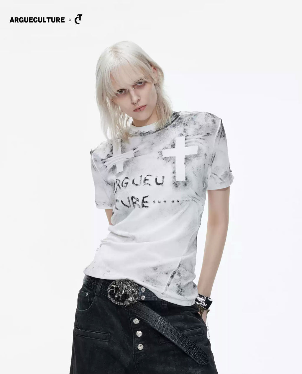Argue Culture Distressed Cross Studded Fitted T-Shirt - gallery view 1