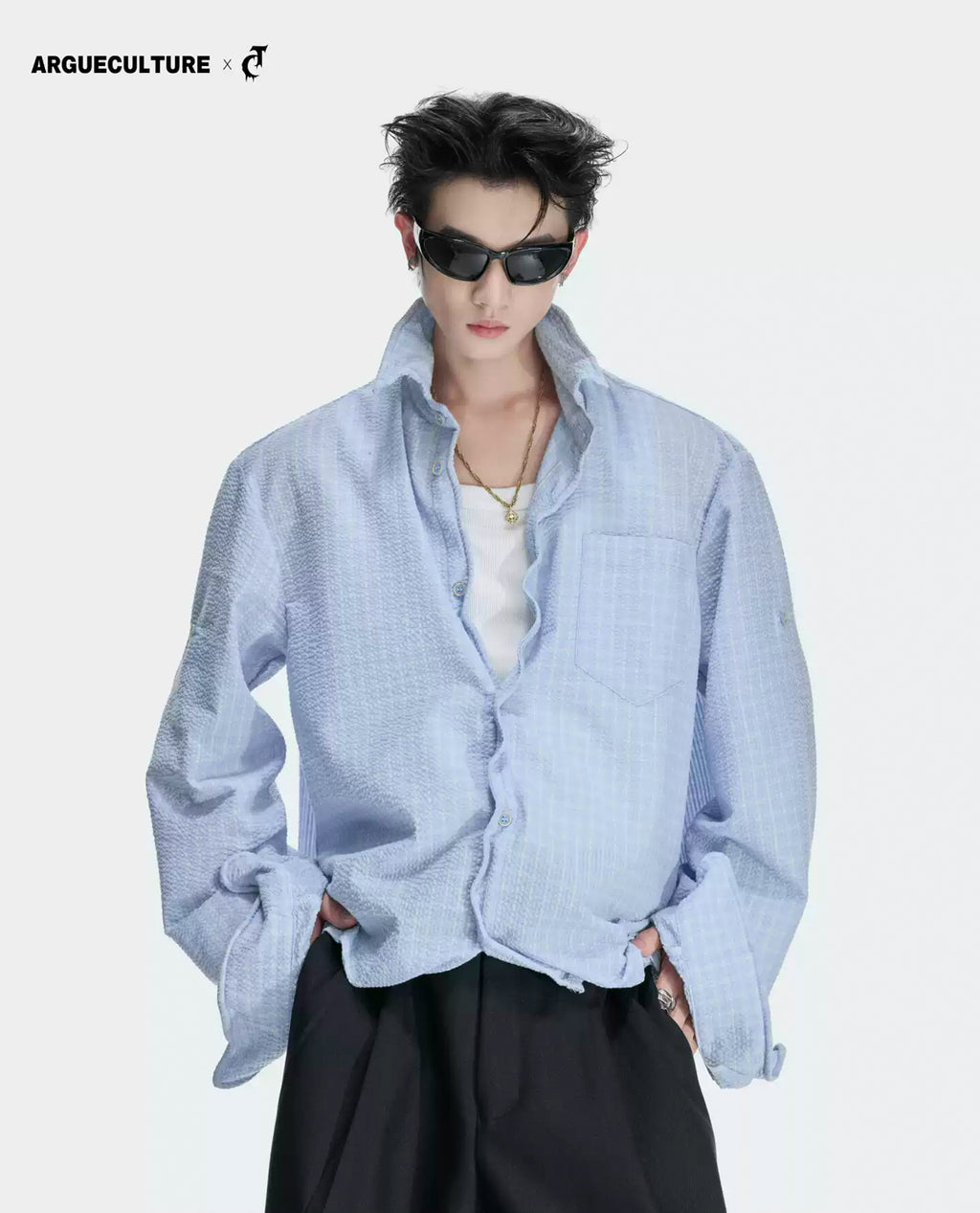 Argue Culture Drawstring-Hem Textured Check Shirt - gallery view 1