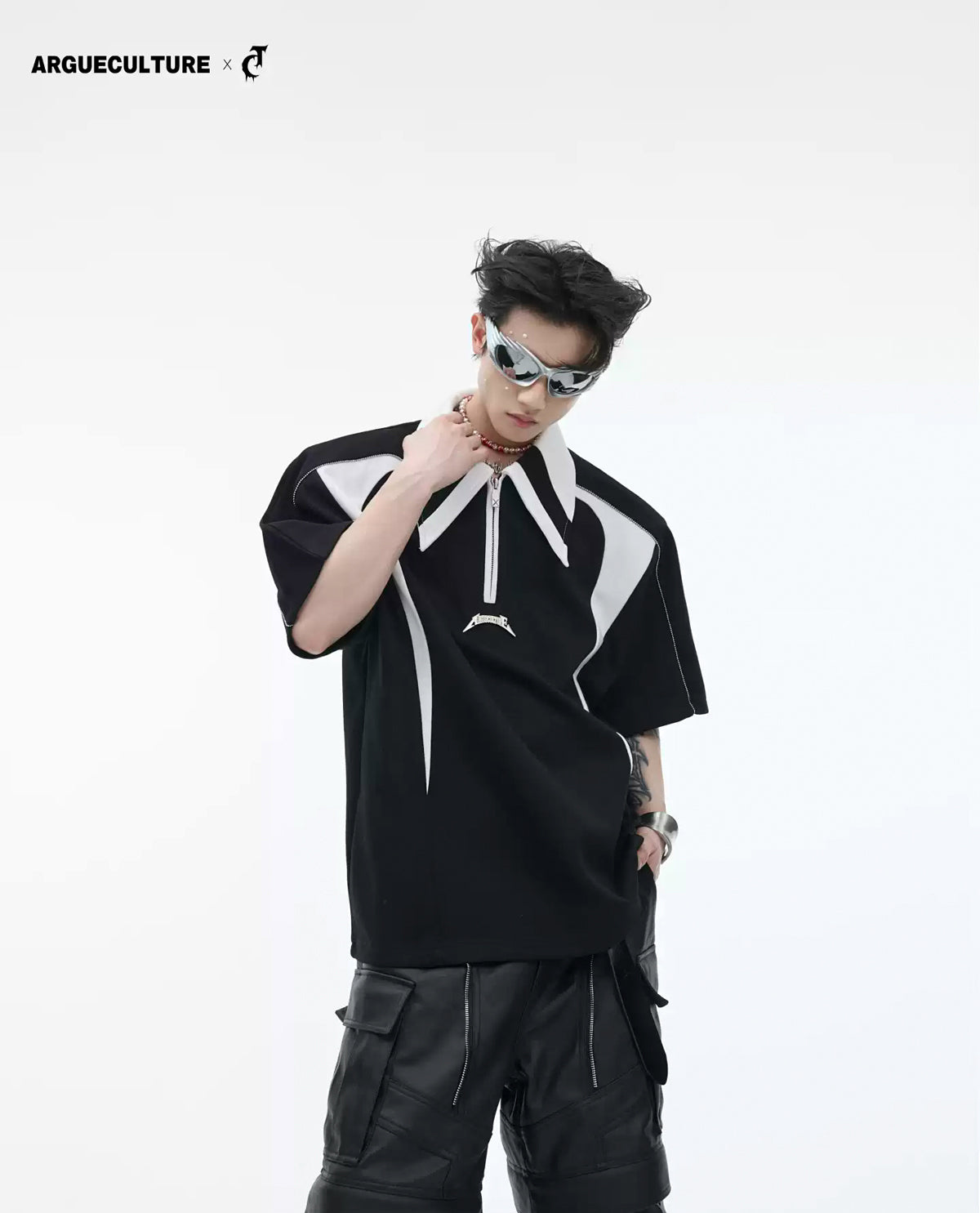 Contrast-Panel Padded-Shoulder Polo Shirt 서브 이미지