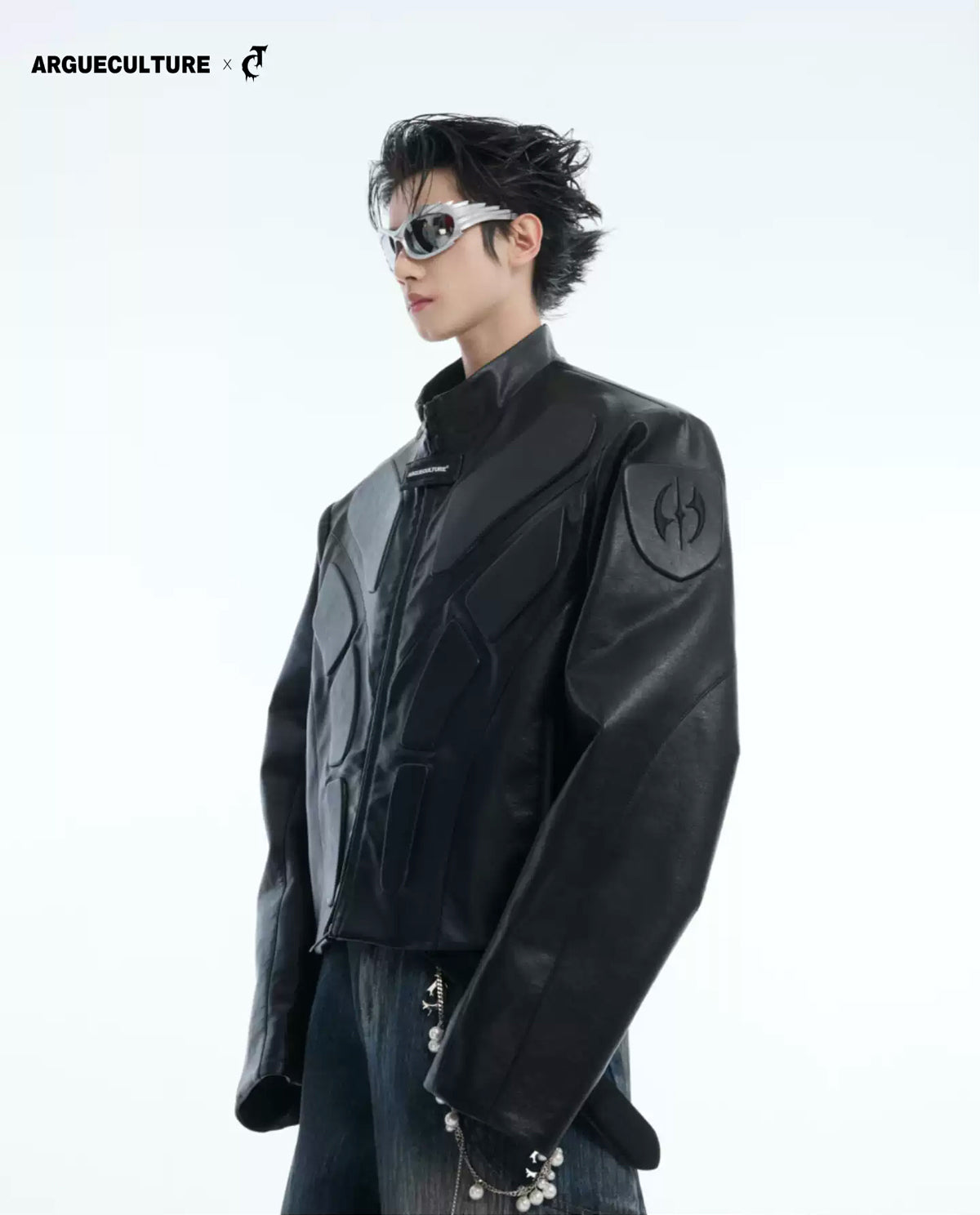 Embossed Panel Stand-Collar Moto Jacket 서브 이미지