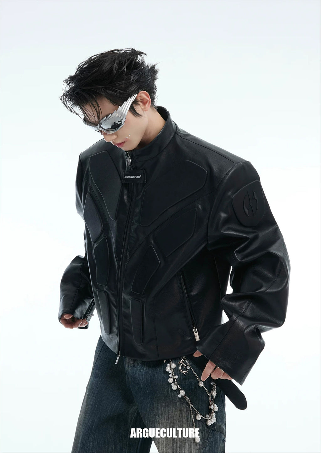 Argue Culture Embossed Panel Stand-Collar Moto Jacket - product detail view 15