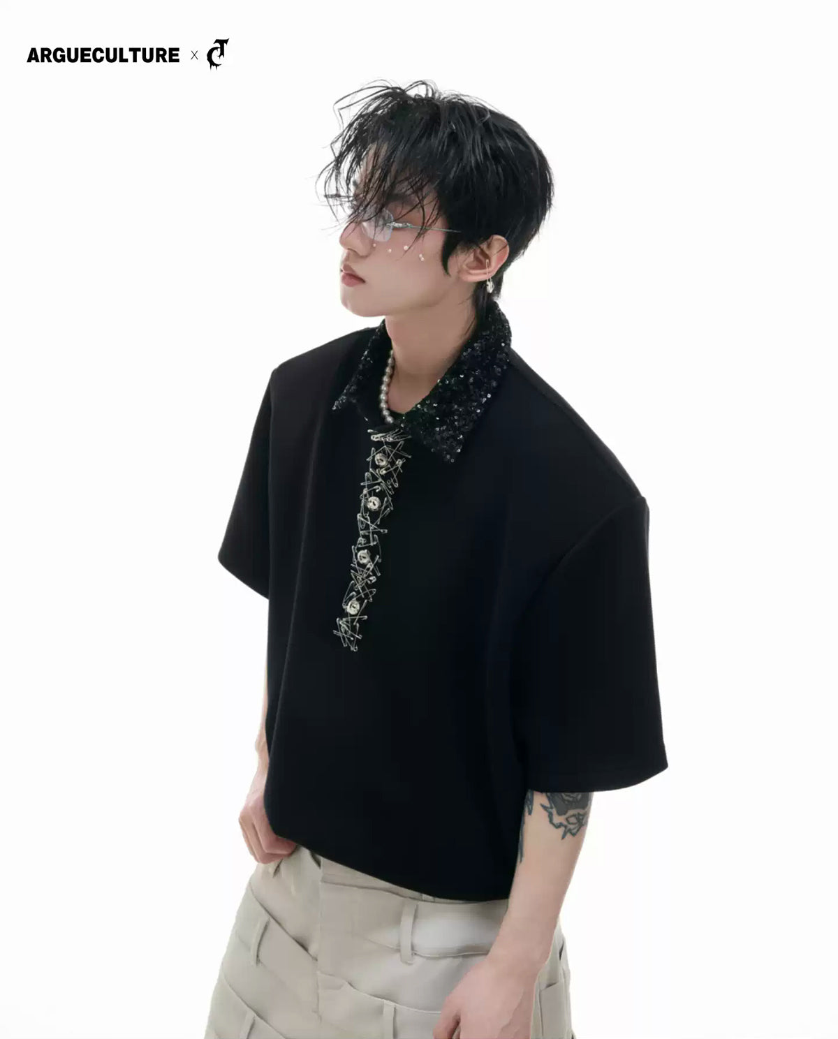 Sequin Square-Collar Pin-Detail Polo Shirt 서브 이미지