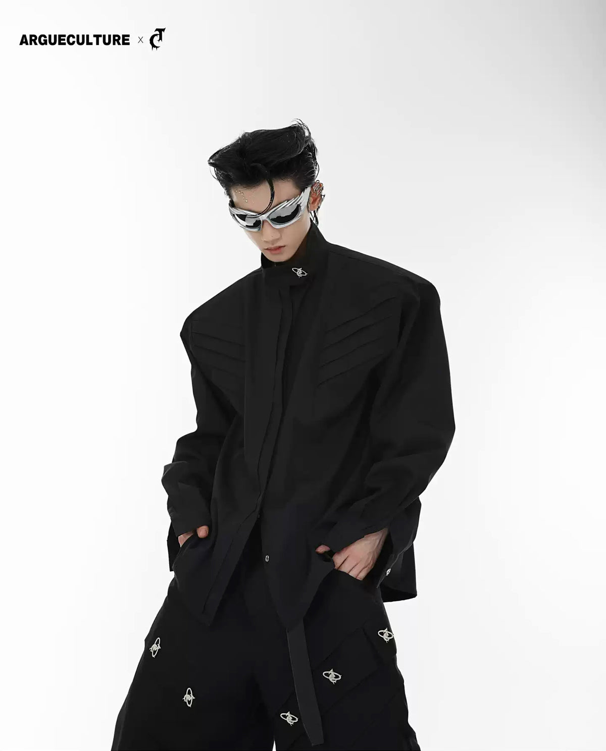 Argue Culture Panelled Stand-Collar Padded-Shoulder Shirt - gallery view 1