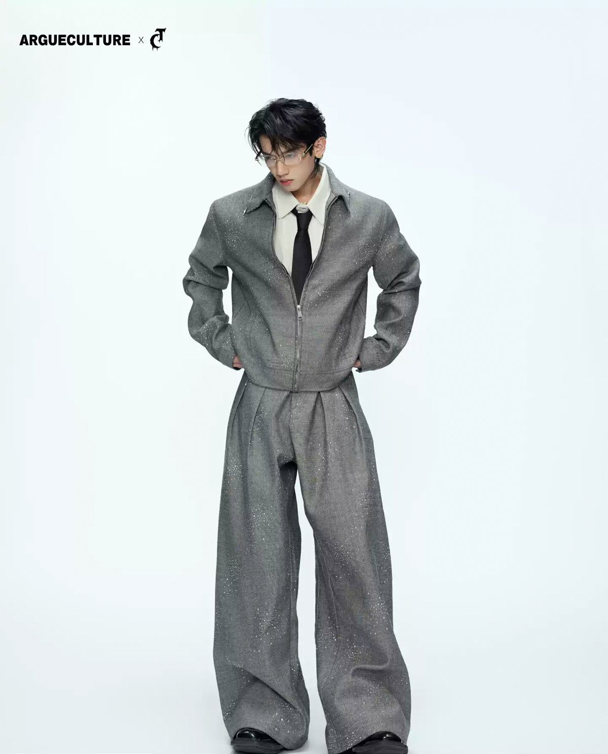 Argue Culture Rhinestone Shimmer Cropped Jacket and Wide-Leg Pants Set - gallery view 1