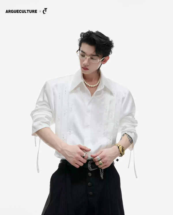 Argue Culture Pearl-Trim Tie-Neck Pleated Shirt - gallery view 1