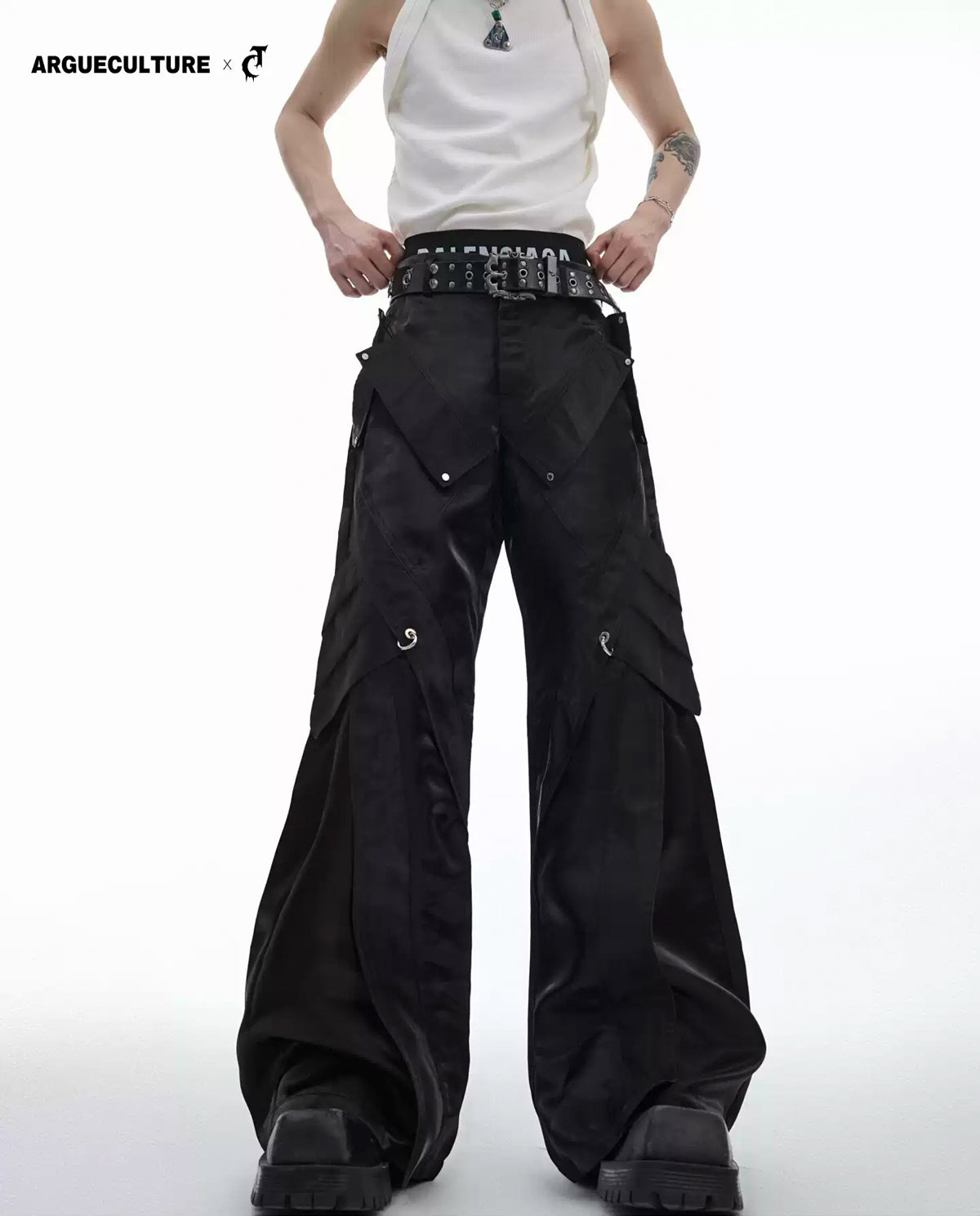 Argue Culture Liquid-Finish Buckled Flared Pants - gallery view 1 메인 이미지