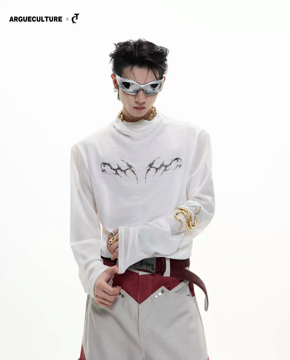 Argue Culture Mesh Metal-Graphic Fitted Long-Sleeve Top - gallery view 1