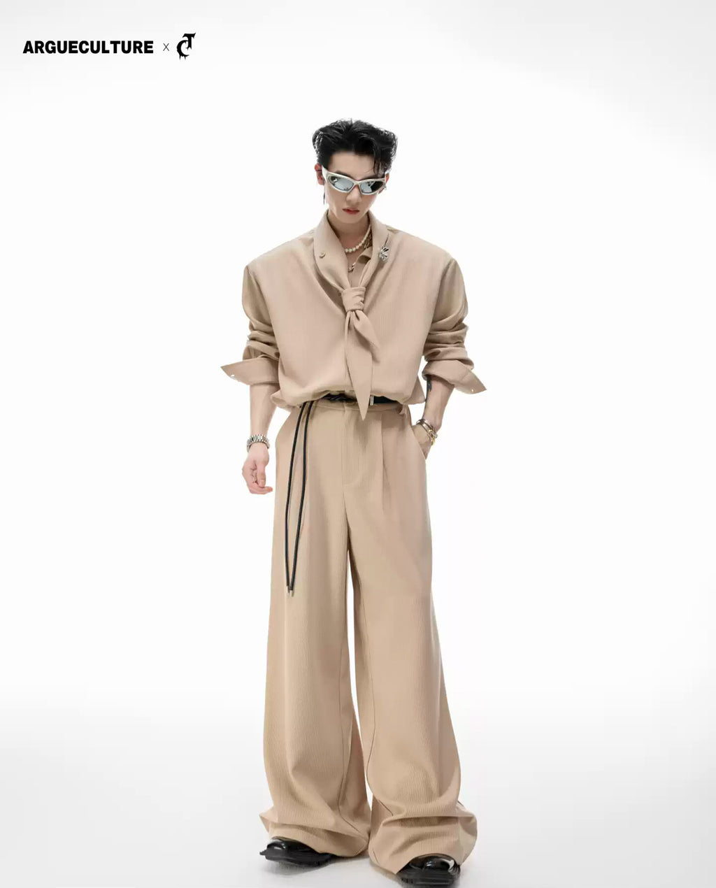 Argue Culture Tie-Neck Padded-Shoulder Shirt and Ribbed Pants Set - gallery view 1