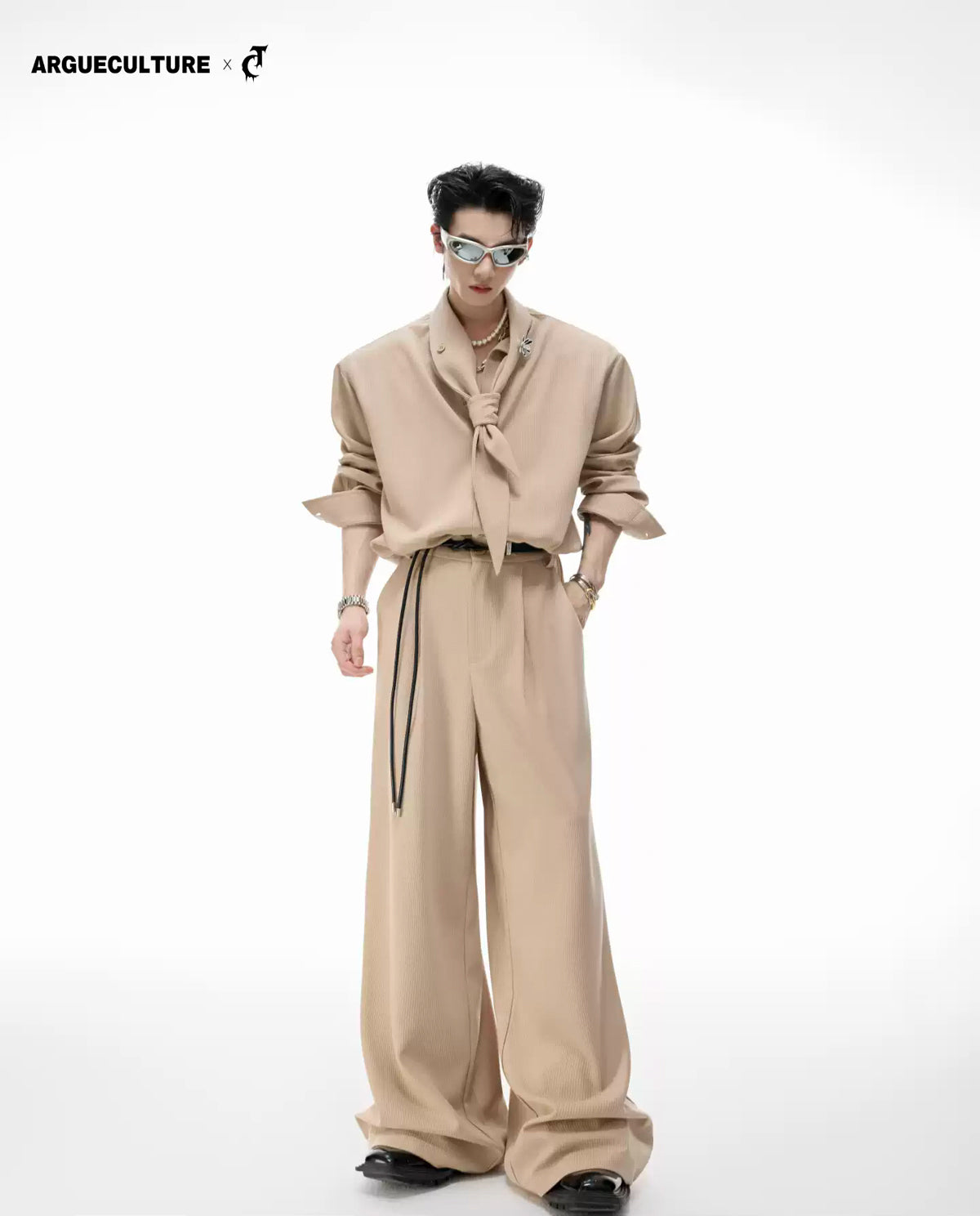 Argue Culture Tie-Neck Padded-Shoulder Shirt and Ribbed Pants Set - gallery view 1