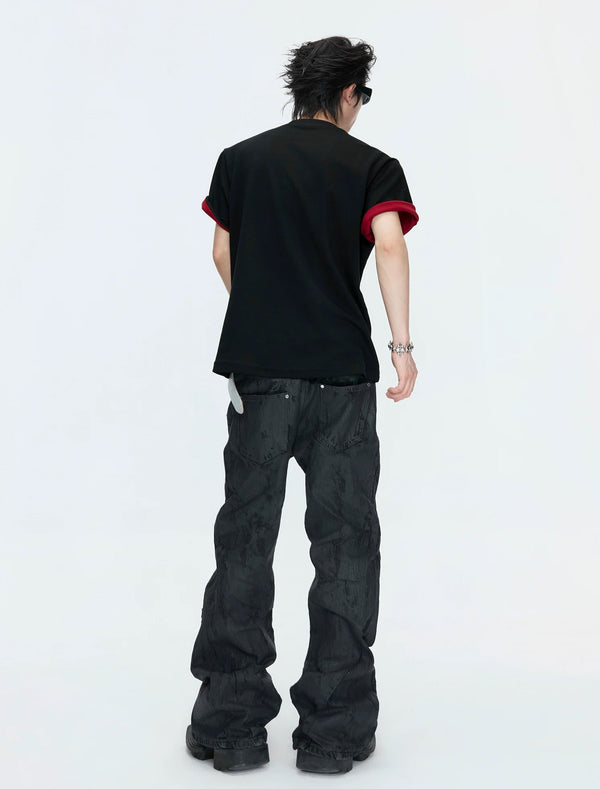 Contrast-Panel Structured-Sleeve T-Shirt — Black - T-Shirt — back