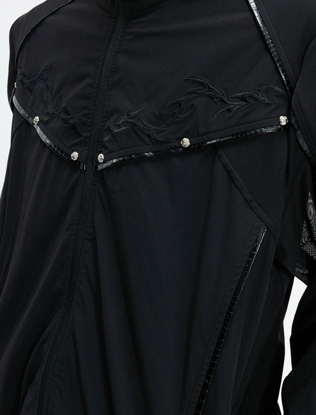 Embroidered Stand-Collar Lightweight Jacket — Black - Top — detail view 2