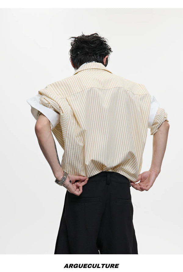 Layered Stripe Relaxed Short-Sleeve Shirt — Yellow - Shirt — back