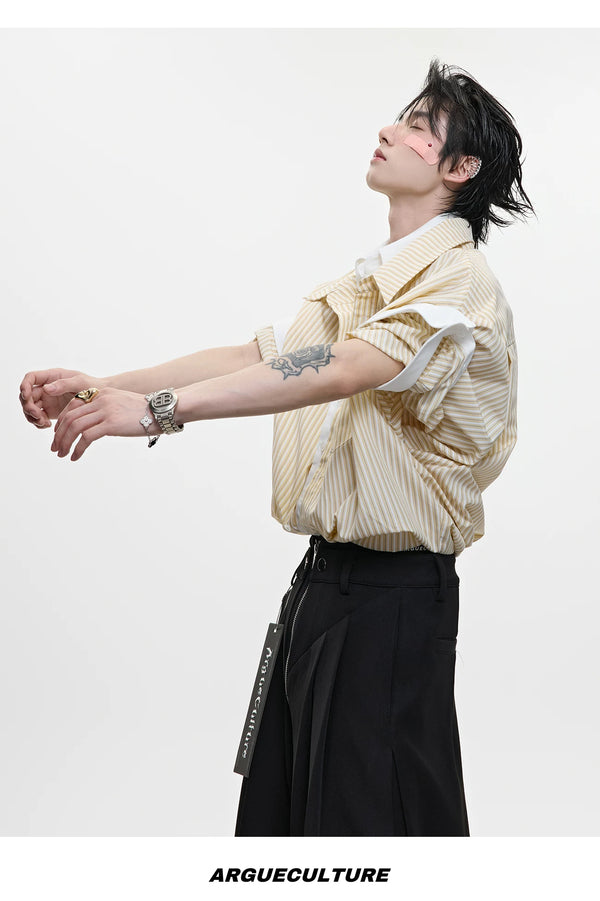 Layered Stripe Relaxed Short-Sleeve Shirt — Yellow - Shirt — styling