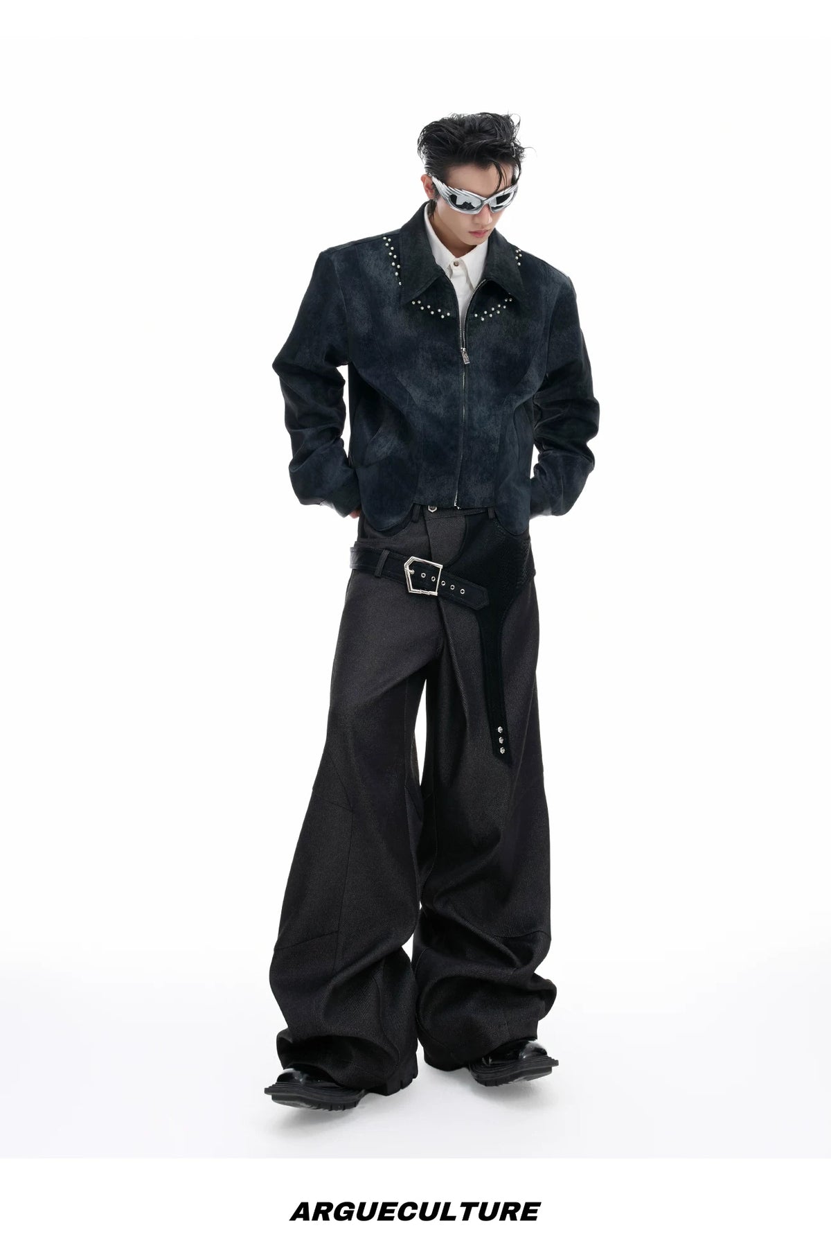Croc-Trim Straight-Leg Tailored Pants — Black — styling view 4