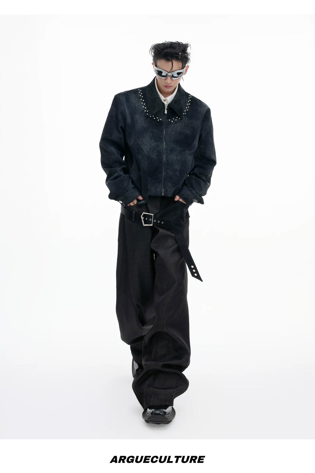 Croc-Trim Straight-Leg Tailored Pants — Black — styling view 5