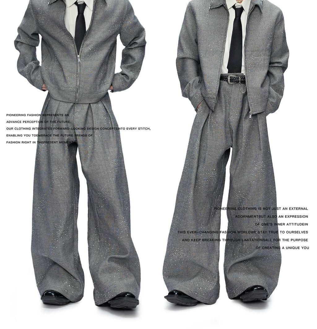 Rhinestone Shimmer Cropped Jacket and Wide-Leg Pants Set — Gray - Top / Gray - Pants — styling view 1