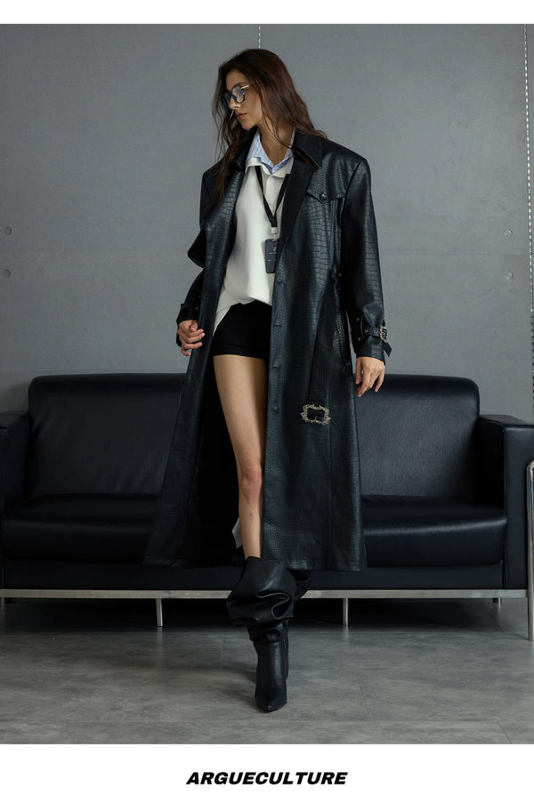 Croc-Embossed Belted Long Coat — Black - Top — styling view 1