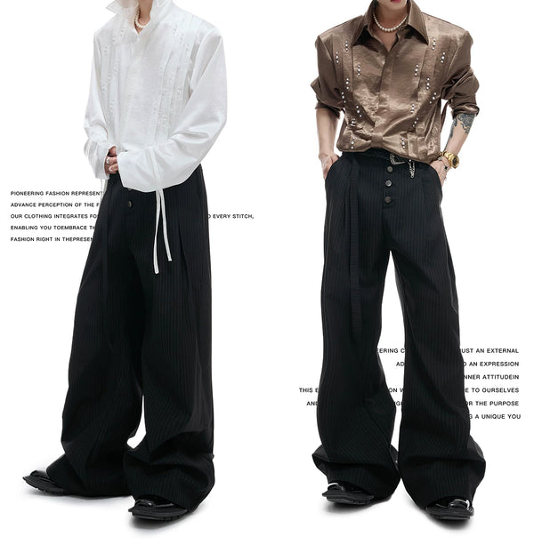 Pearl-Trim Tie-Neck Pleated Shirt — White - Top / Brown - Top — styling