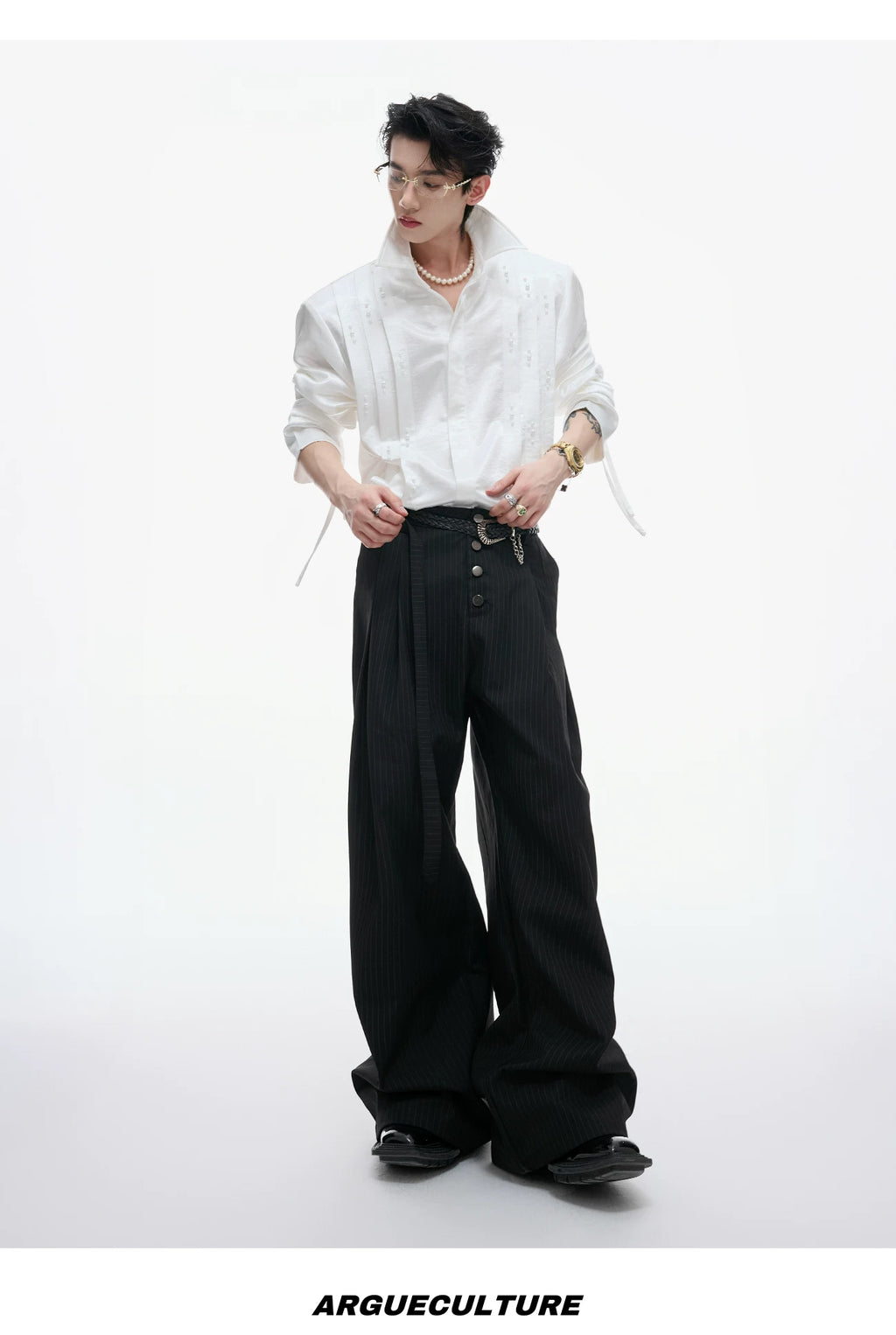 Pearl-Trim Tie-Neck Pleated Shirt — White - Top — styling
