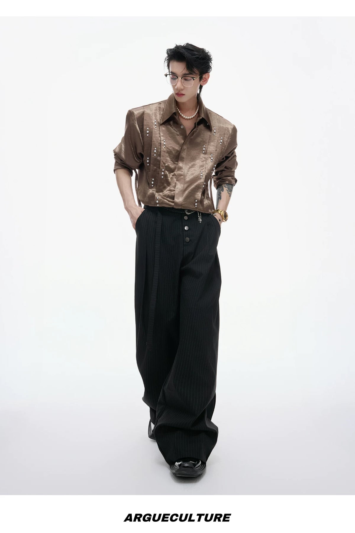 Pearl-Trim Tie-Neck Pleated Shirt — Brown - Top — styling view 1