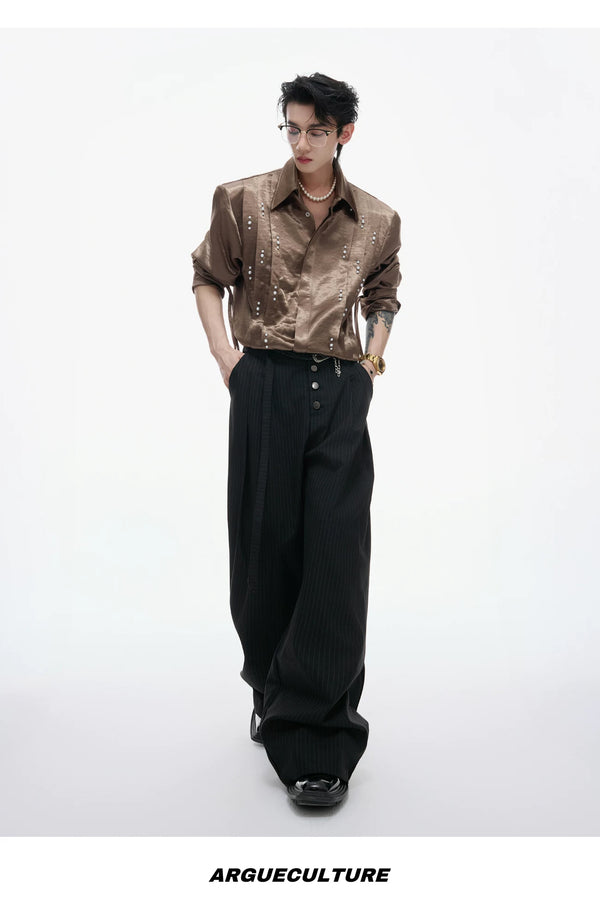 Pearl-Trim Tie-Neck Pleated Shirt — Brown - Top — styling view 1