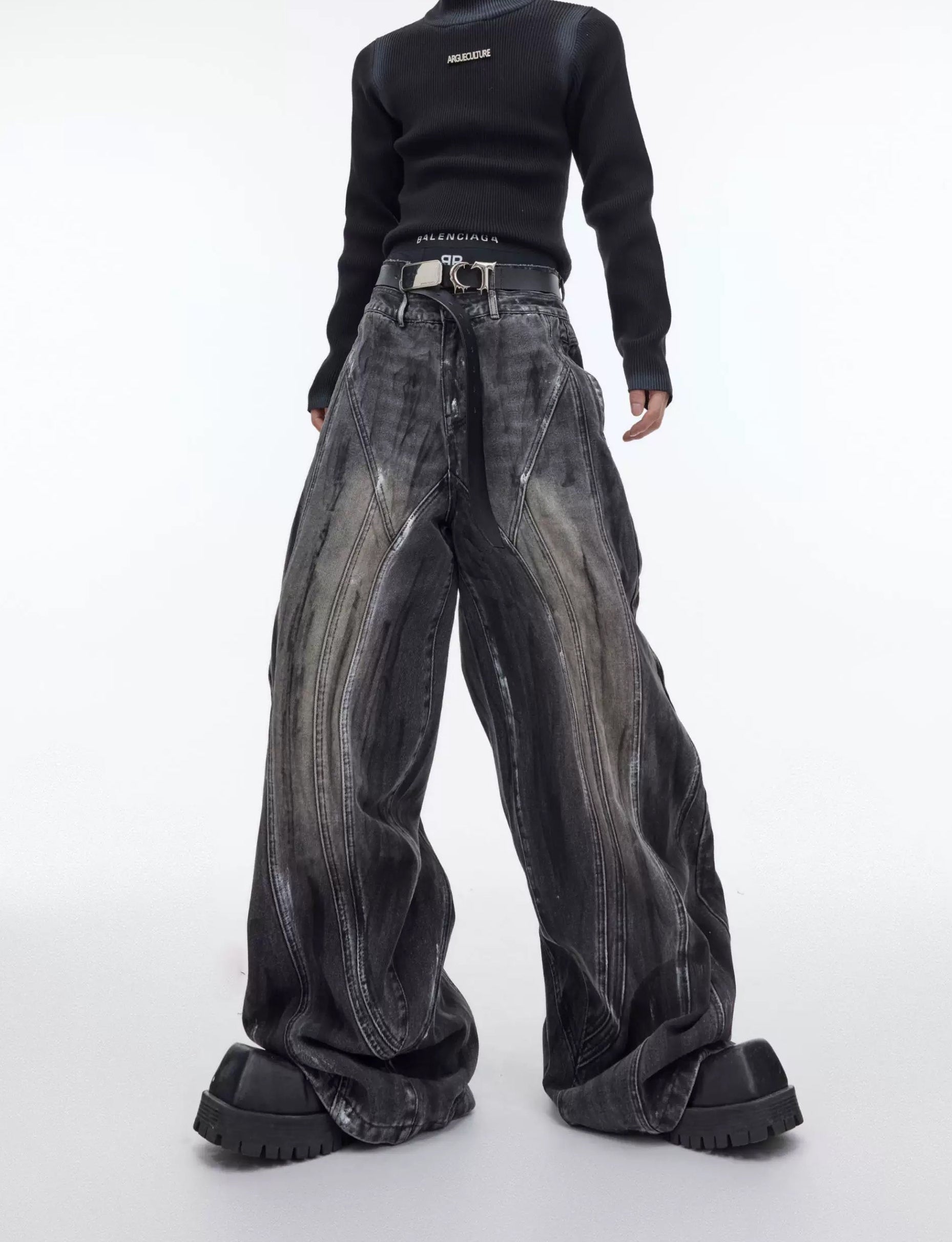 Hand-Drawn Washed Wide-Leg Jeans 서브 이미지