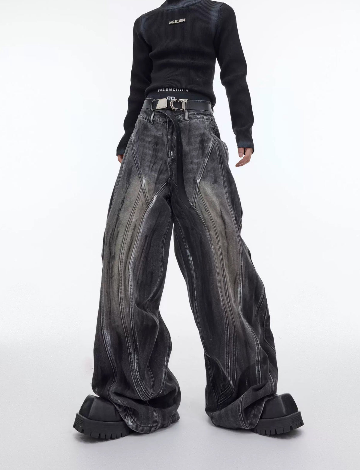 Hand-Drawn Washed Wide-Leg Jeans — Black — styling view 1