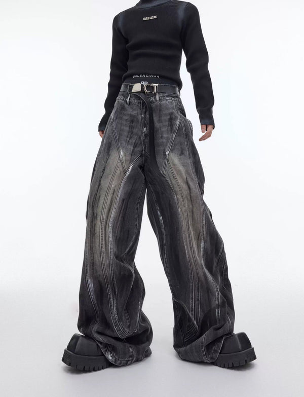 Hand-Drawn Washed Wide-Leg Jeans — Black — styling view 1