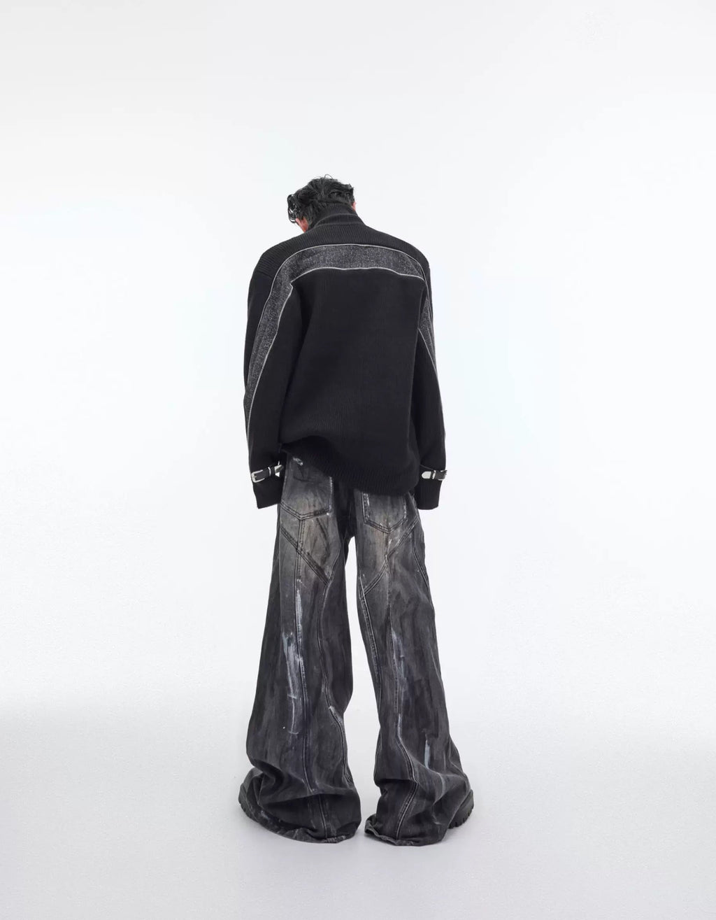 Hand-Drawn Washed Wide-Leg Jeans — Black — back