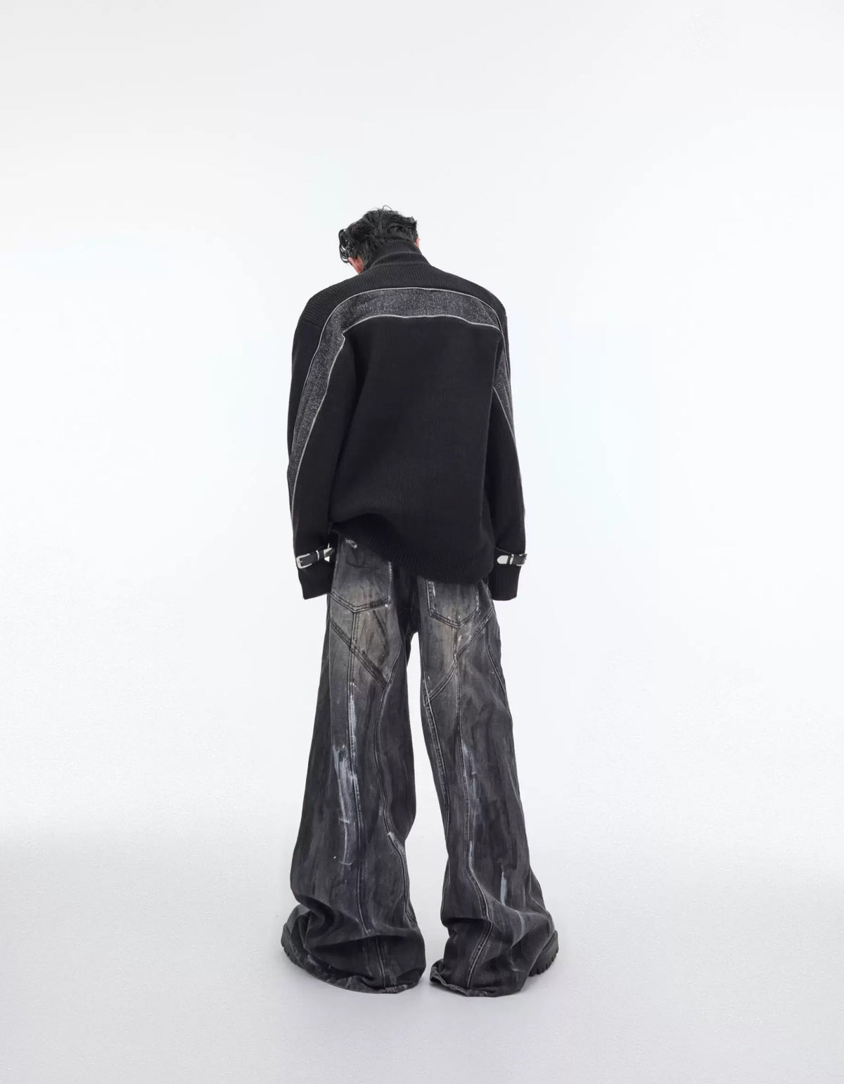 Hand-Drawn Washed Wide-Leg Jeans — Black — back