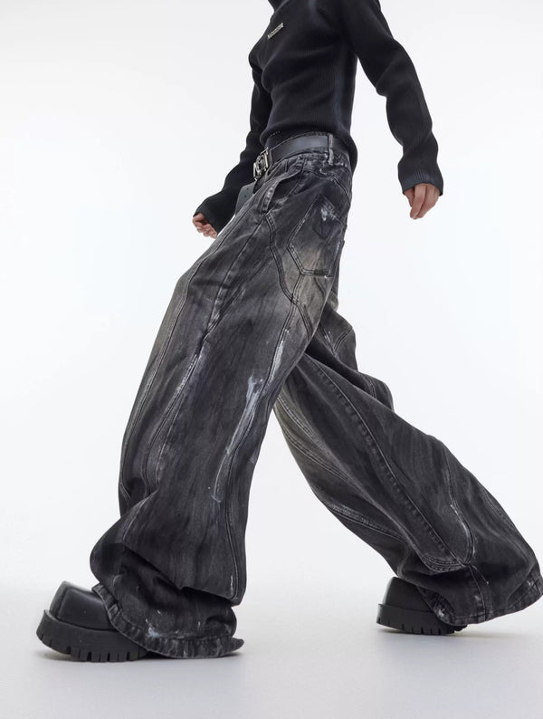 Hand-Drawn Washed Wide-Leg Jeans — Black — styling view 4