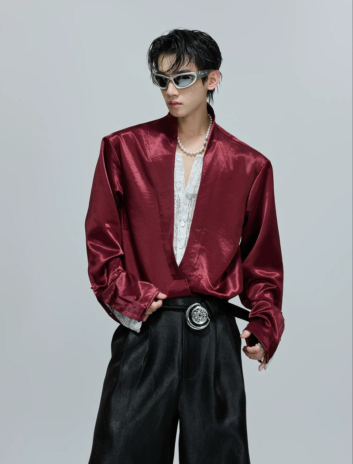 Lace-Panel Layered V-Neck Shirt — Red - Top — styling view 2