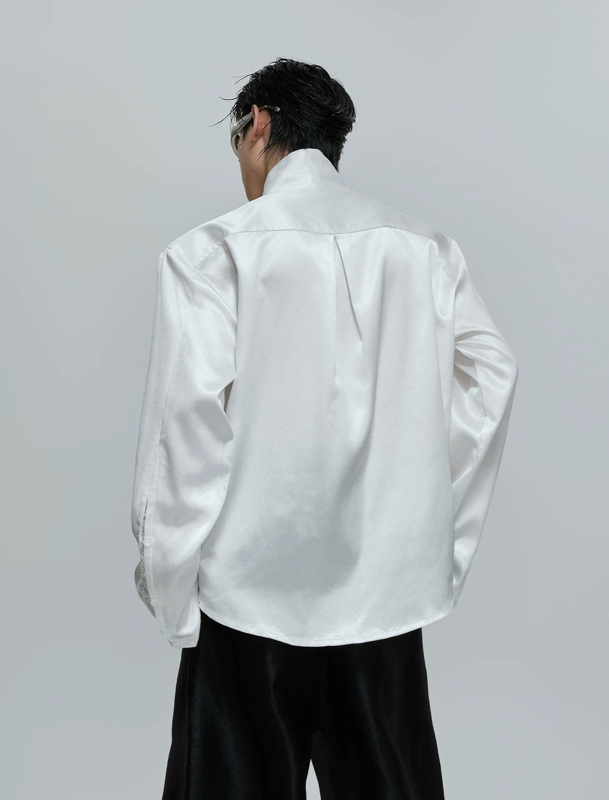Lace-Panel Layered V-Neck Shirt — White - Top — back