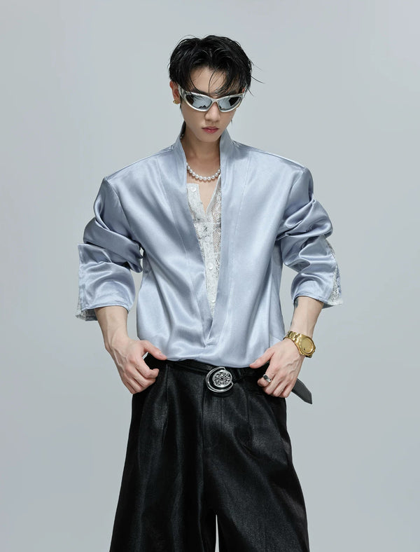 Lace-Panel Layered V-Neck Shirt — Blue - Top — styling view 2