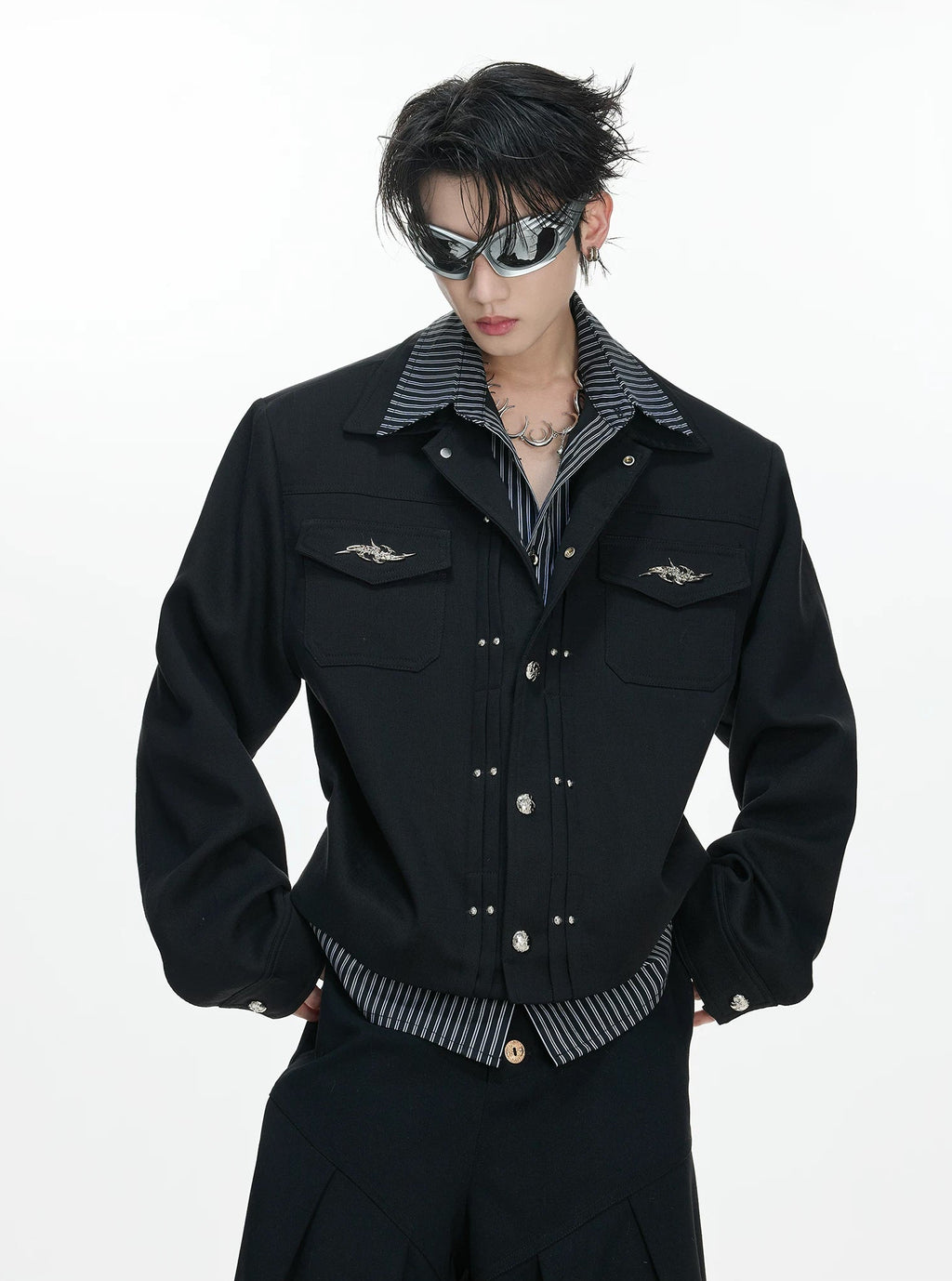 Layered Stripe Cropped Jacket — Black - Top — styling view 1
