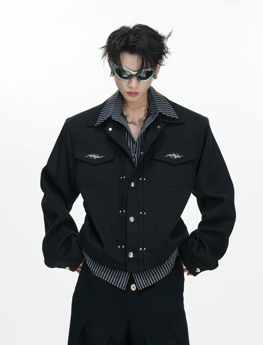 Layered Stripe Cropped Jacket — Black - Top — styling view 2
