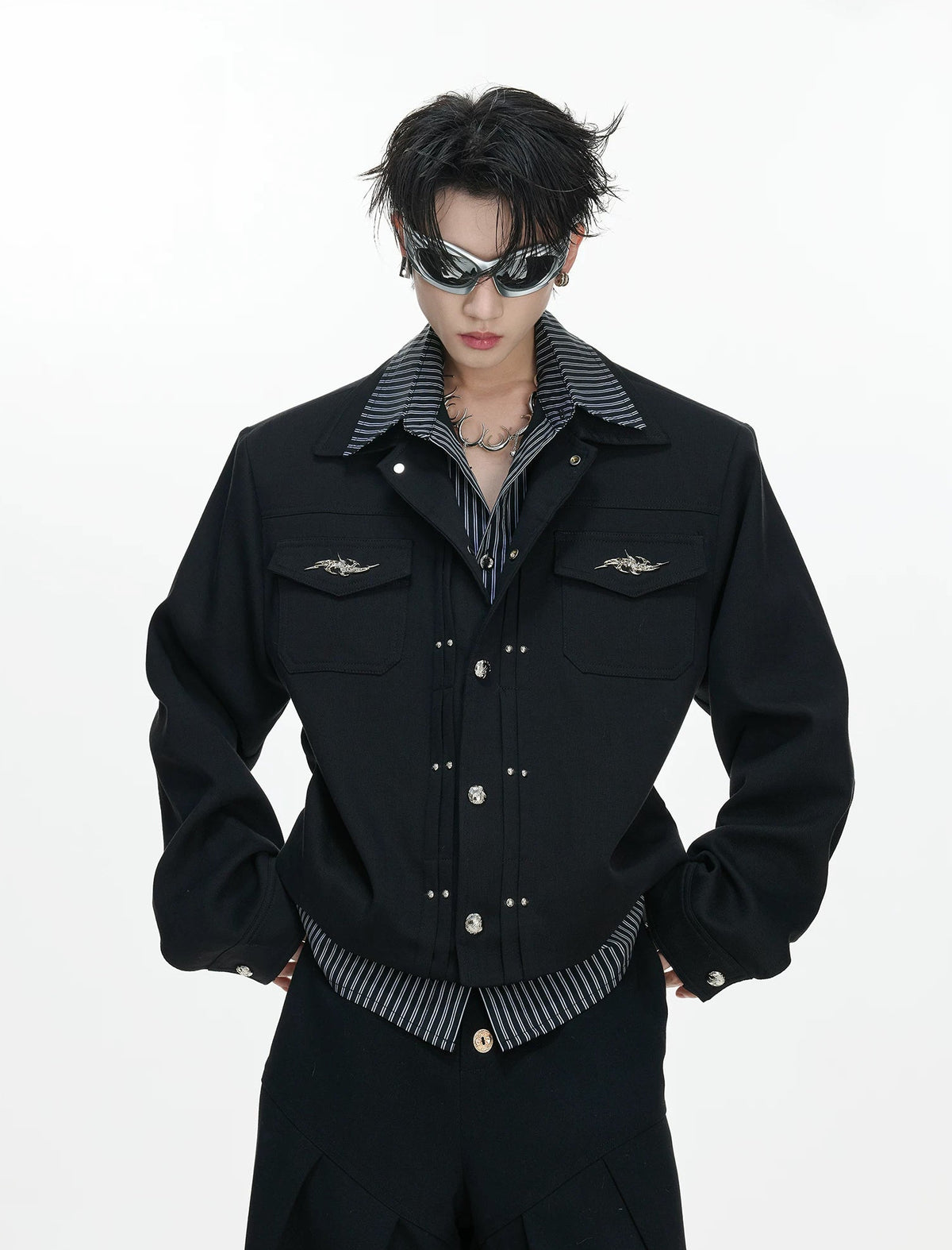 Layered Stripe Cropped Jacket — Black - Top — styling view 2
