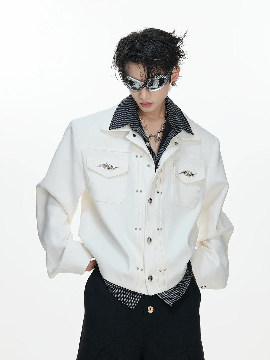 Layered Stripe Cropped Jacket — White - Top — styling view 3