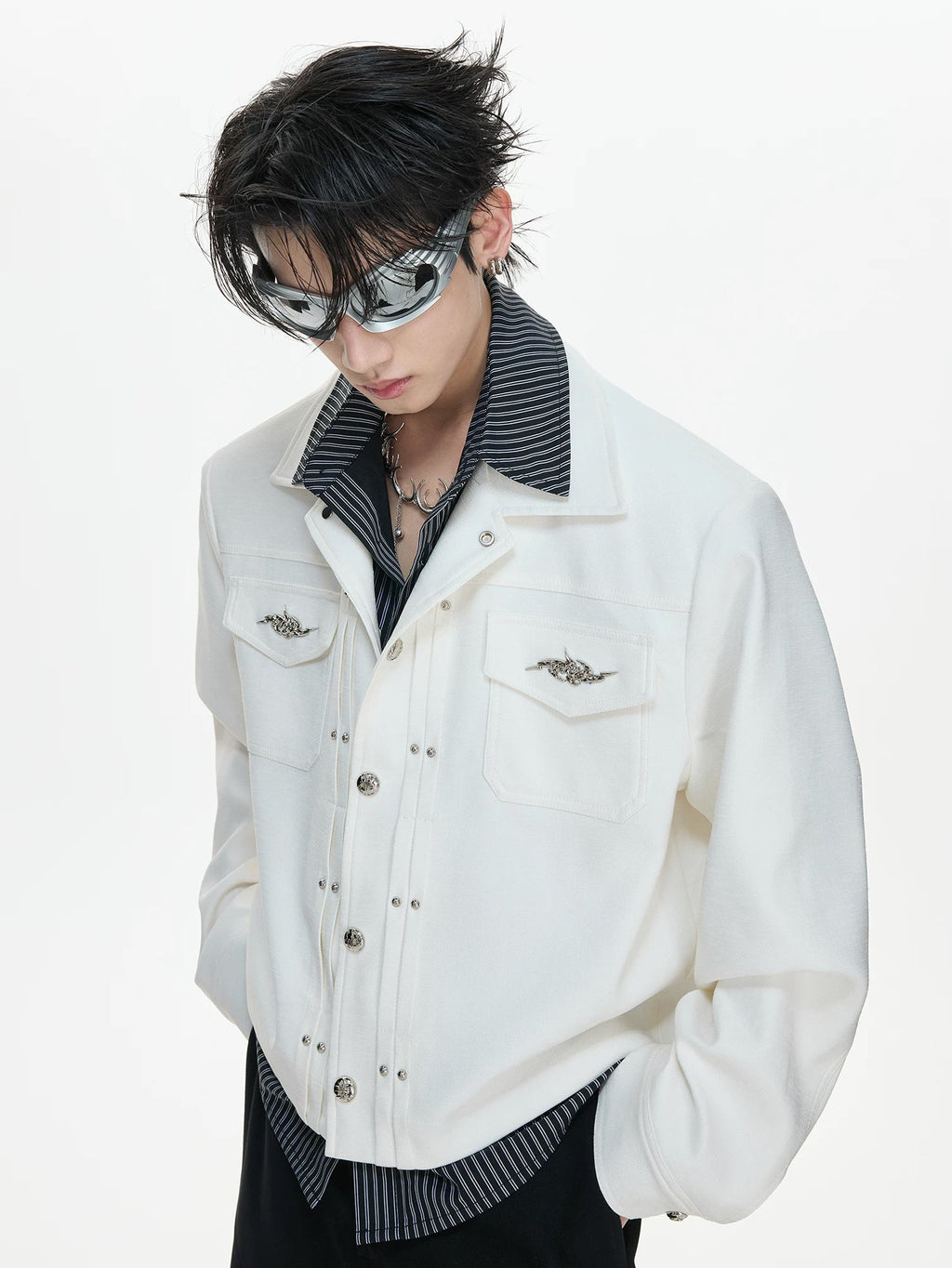 Layered Stripe Cropped Jacket — White - Top — styling view 5