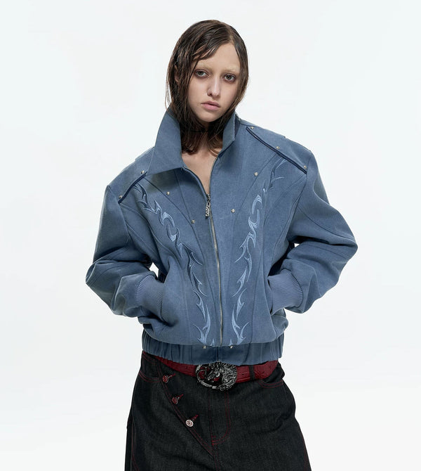 Studded Embroidered Cropped Jacket — Blue - Top — styling view 2