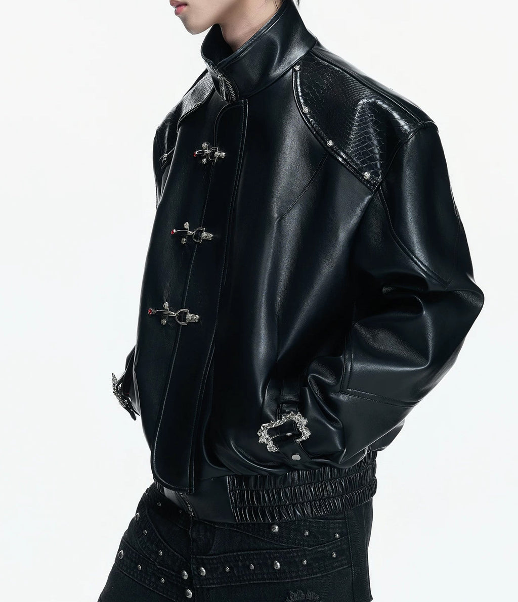 Contrast-Lined Flight-Buckle Jacket — Black - Top — styling view 4