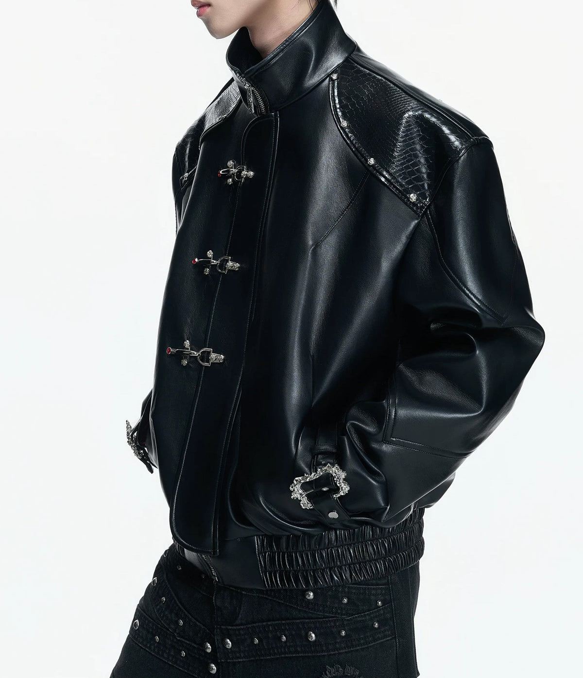 Contrast-Lined Flight-Buckle Jacket — Black - Top — styling view 4