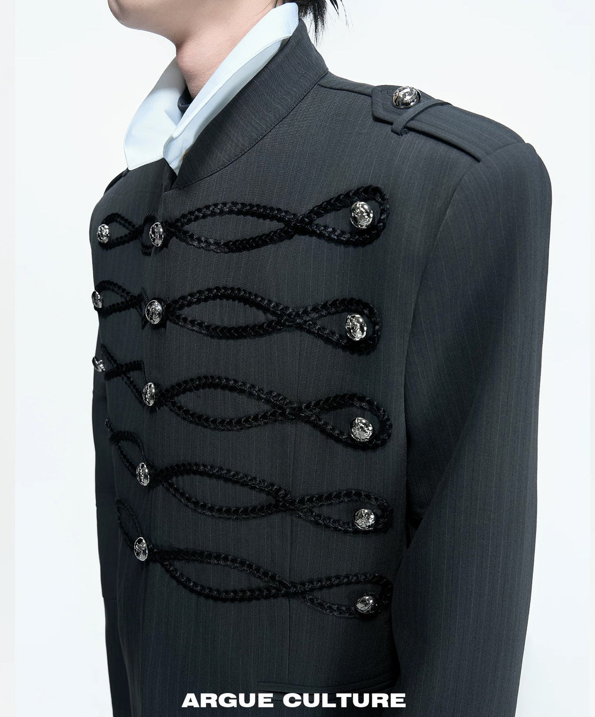 Braided-Trim Double-Breasted Stripe Jacket — Gray - Top — detail