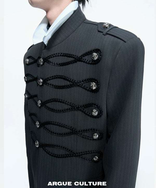 Braided-Trim Double-Breasted Stripe Jacket — Gray - Top — detail