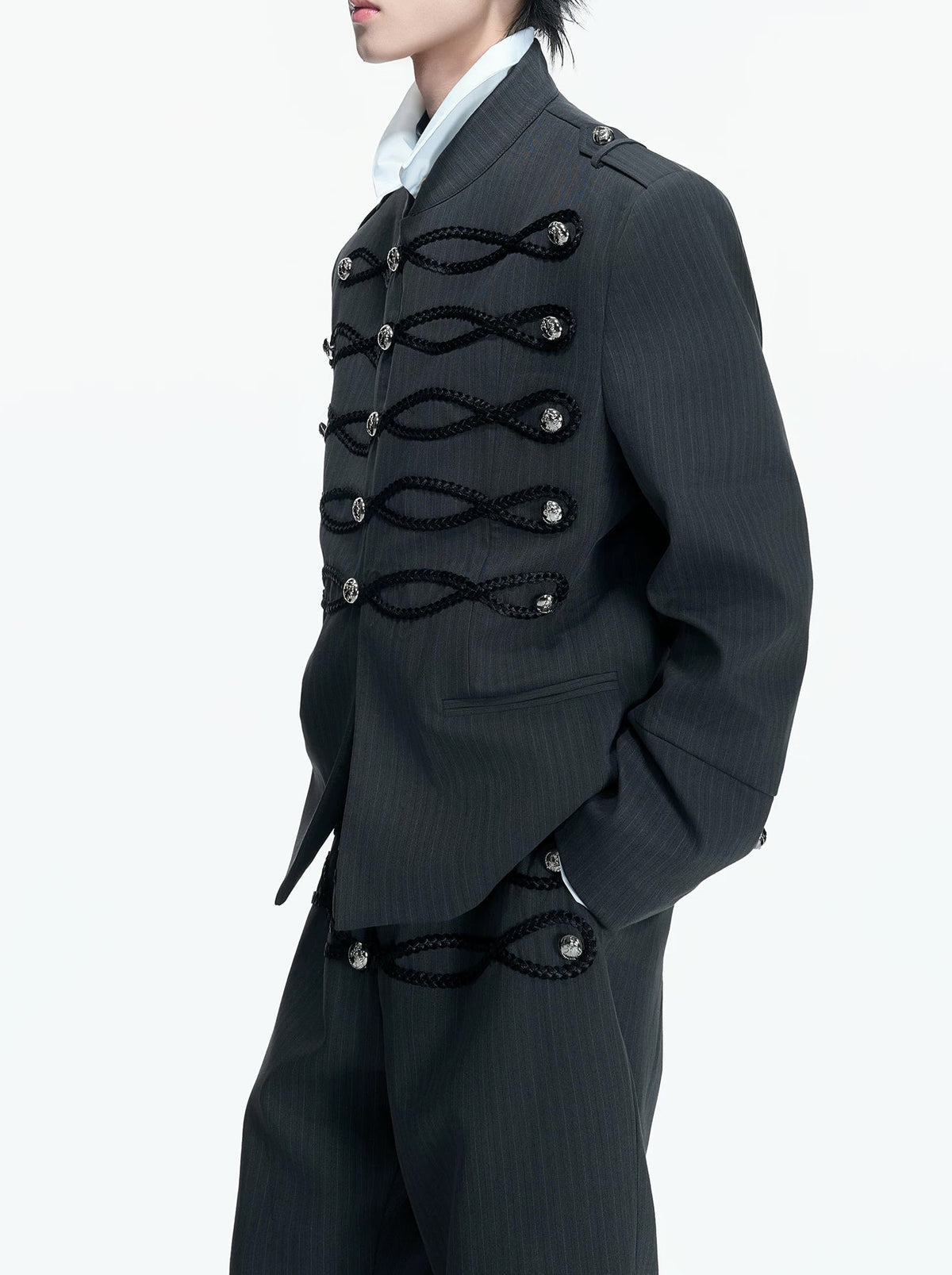 Braided-Trim Double-Breasted Stripe Jacket — Gray - Top — styling